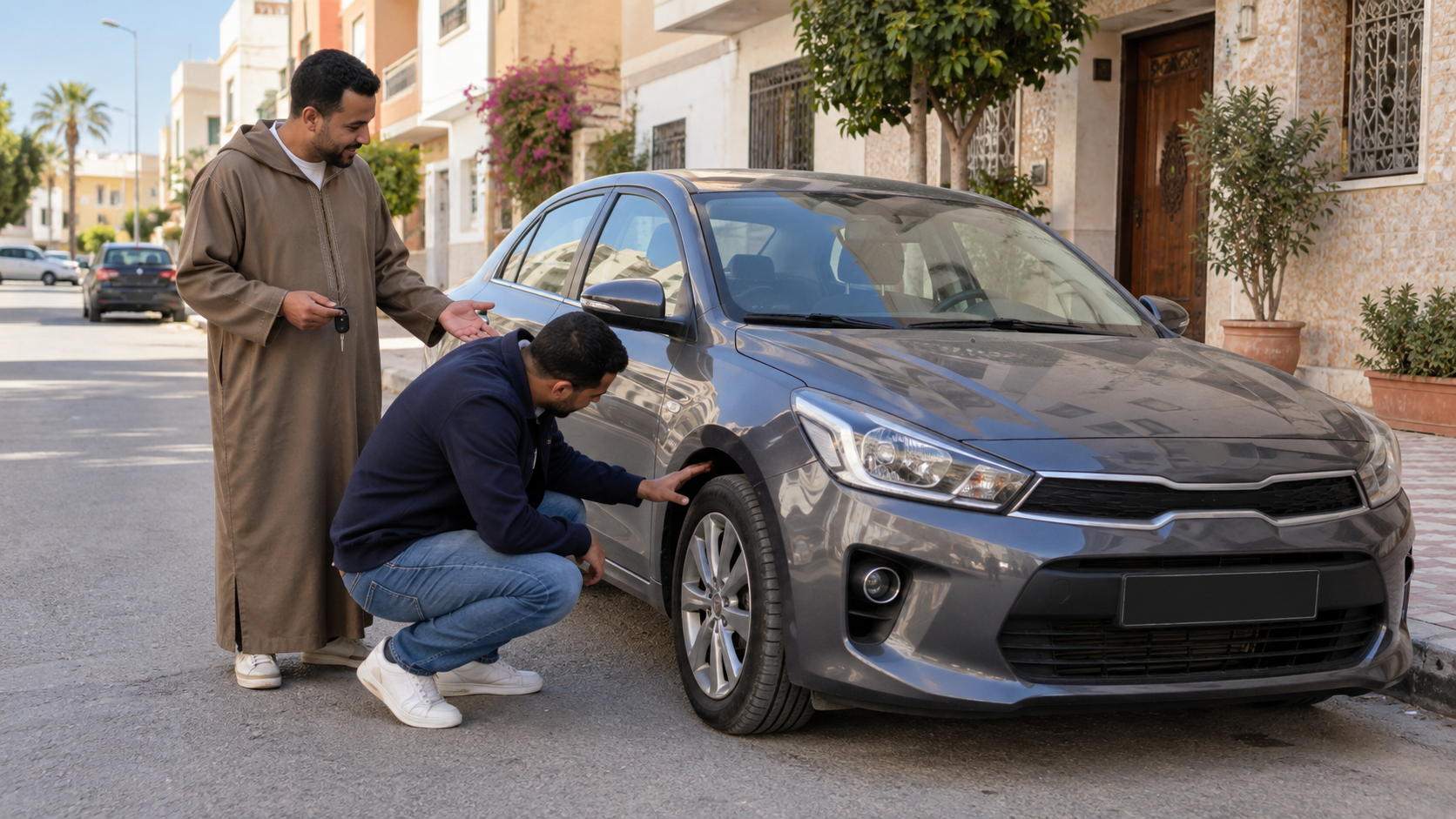 مشتري مغربي يفحص سيارة مستعملة مع مالكها