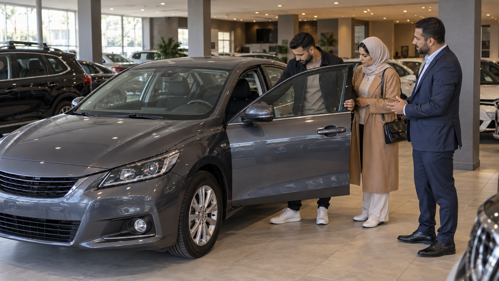 زوجان مغربيان يفحصان سيارة مستعملة داخل معرض