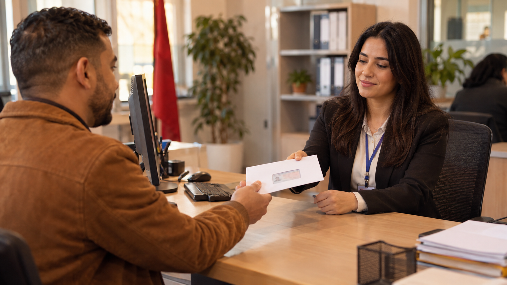 شخص يتسلم ظرف رخصة بديلة من شباك خدمات