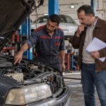 مالك سيارة قديمة يناقش الإصلاحات المطلوبة مع ميكانيكي