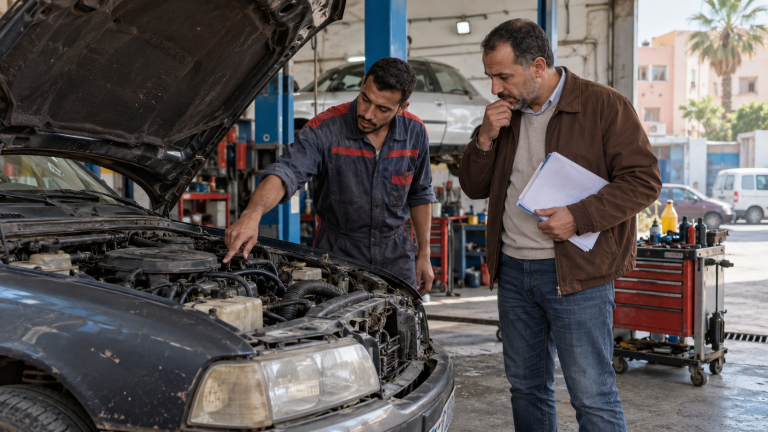 مالك سيارة قديمة يناقش الإصلاحات المطلوبة مع ميكانيكي
