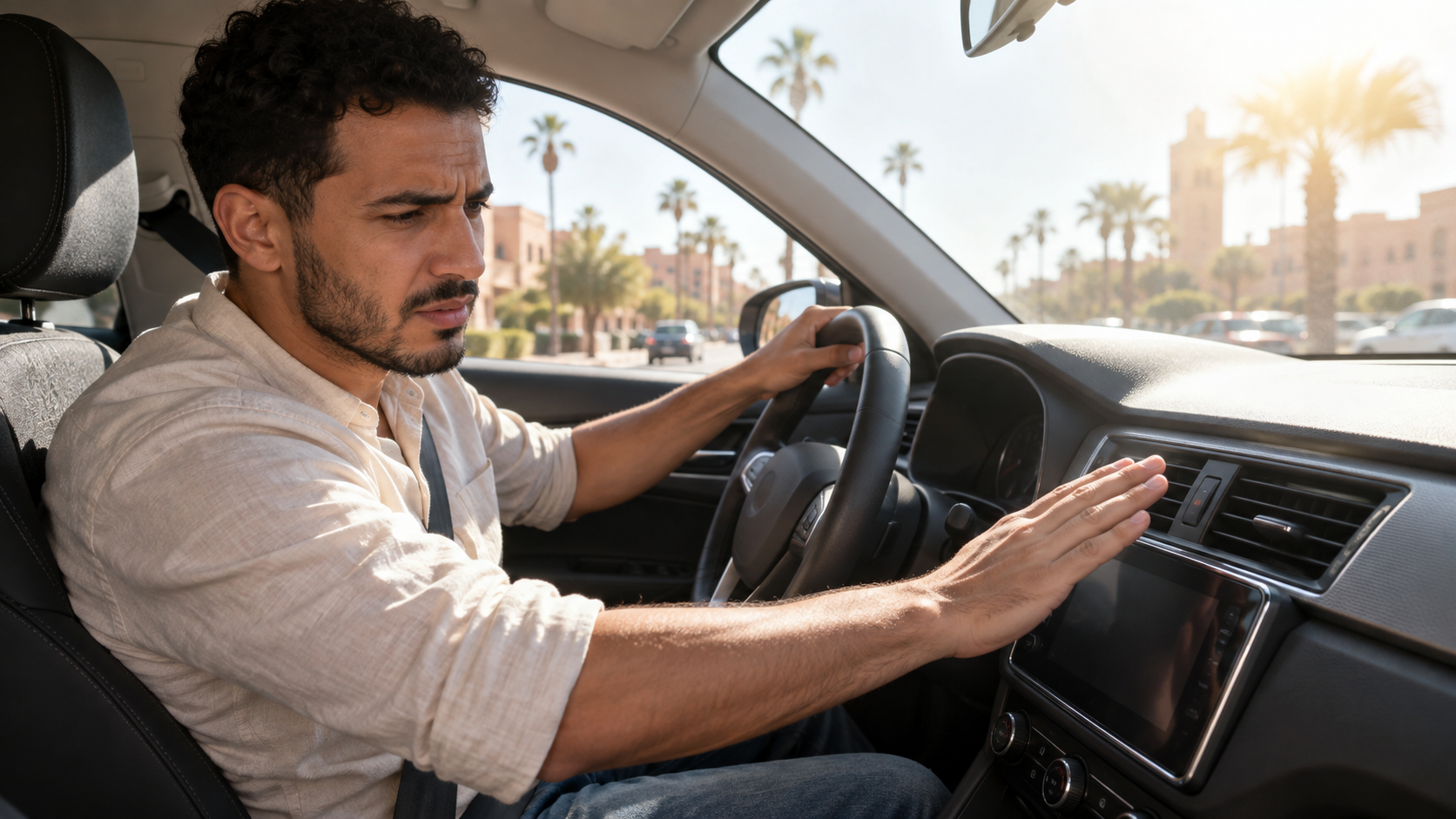 سائق يختبر ضعف تبريد مكيف السيارة في يوم حار